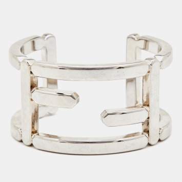 Pre Owned Fendi Silver Tone Zucca Cutout Open Cuff Bracelet