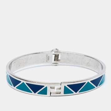 Pre Owned Fendi Green & Blue Enamel Silver Tone Fendista Cuff Bracelet