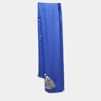 Pre Owned Fendi Blue Applique Detail Karlito Silk & Wool Shawl