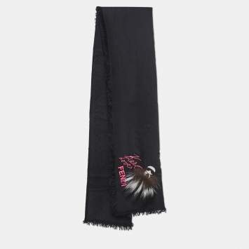 Pre Owned Fendi Black Applique Detail Karlito Silk & Wool Scarf
