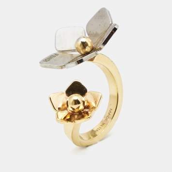 Pre Owned Fendi Flower Motif Two Tone Open Ring Size S
