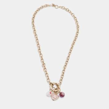 Pre Owned Fendi Pink Enamel Logo Heart & Beads Charm Gold Tone Necklace