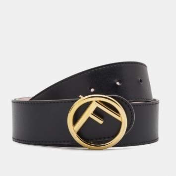 Pre Owned Fendi Black/Pink Leather F Logo Round Reversible Belt