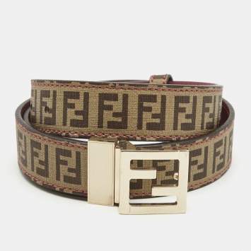 Pre Owned Fendi Brown/Pink Zucchino Coated Canvas and Leather FF Reversible Belt