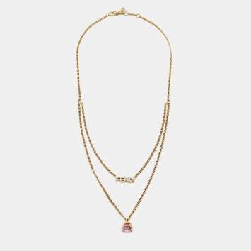 Pre Owned Fendi Logo Crystal Pink Stone Gold Tone Double Strand Necklace