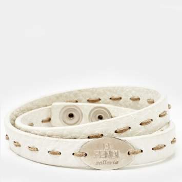 Pre Owned Fendi Selleria White Leather Silver Tone Double Wrap Bracelet 