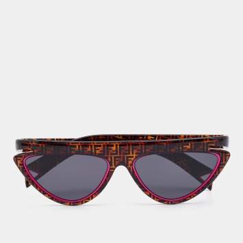 Pre Owned Fendi Brown/Dark Blue Pink Logo FF 0383/S Cat Eye Sunglasses
