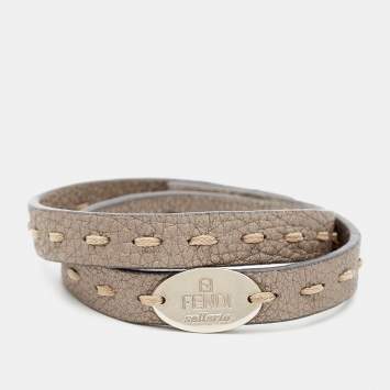 Pre Owned Fendi Selleria Leather Silver Tone Double Wrap Bracelet