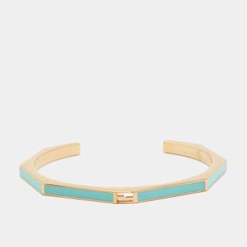 Pre Owned Fendi Baguette Blue Enamel Gold Tone Bracelet 