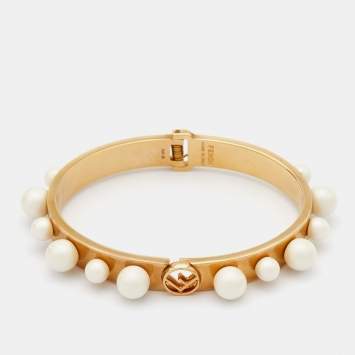 Pre Owned Fendi Gold Tone Pearl Embellished Cuff Bracelet