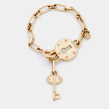 Pre Owned Fendi Gold Tone Chain Link Lock & Key Bracelet