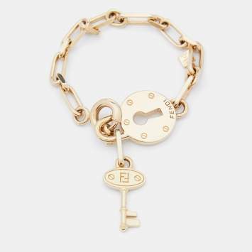 Pre Owned Fendi Gold Tone Chain Link Lock & Key Bracelet