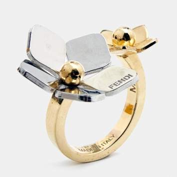 Pre Owned Fendi Flower Motif Two Tone Open Ring Size 52