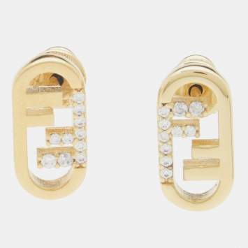 Pre Owned Fendi O'Lock Crystal Gold Tone Stud Earrings