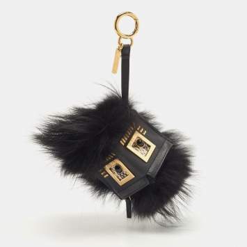 Pre Owned Fendi  Black Leather and Fox Fur Hypnoteyes Bag Charm 