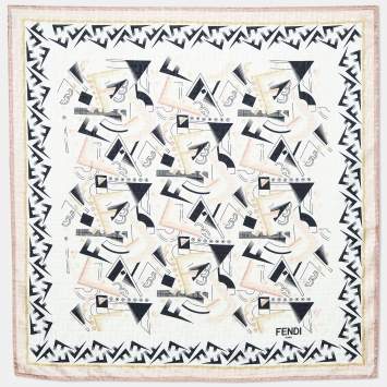 Pre Owned Fendi Beige Log Jacquard Silk Abstract Printed Silk Square Scarf