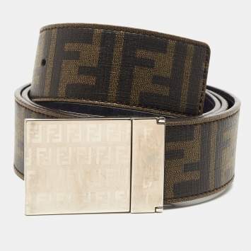 Pre Owned Fendi Tobacco/Blue Zucca Coated Canvas FF Plague Reversible Belt 120CM