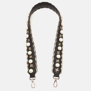 Pre Owned Fendi Black/Cream Leather and Watersnake Pearl Embellished Shoulder Bag Strap