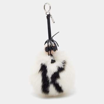 Pre Owned Fendi White/Black Fox Fur and Leather Karlito Pom Pom Bag Charm