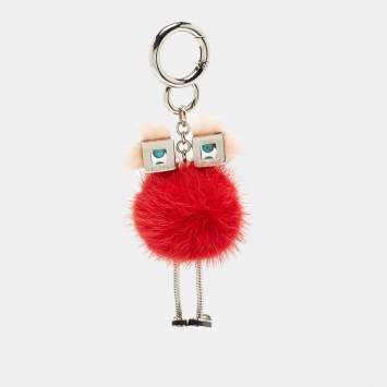 Pre Owned Fendi Red/Peach Fur Hypnoteyes Chick Pom Pom Bag Charm