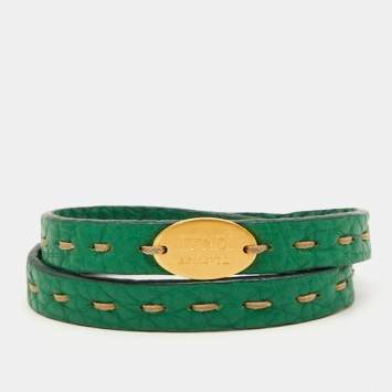 Pre Owned Fendi Selleria Green Leather Double Wrap Bracelet