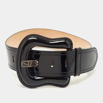 Pre Owned Fendi Black Patent Leather Buckle B Waist Belt 70CM