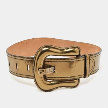 Pre Owned Fendi Gold Patent Leather Buckle B Waist Belt 70CM