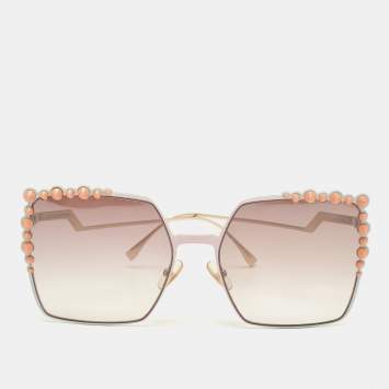Pre Owned Fendi Gold Tone/Pink Gradient Studded FF0259S Oversized Sunglasses