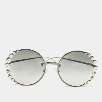 Pre Owned Fendi Gunmetal Tone/Grey Gradient Studded FF0259S Round Sunglasses