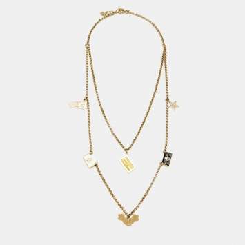 Pre Owned Fendi Gold Tone Multi Charm Layered Necklace