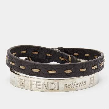 Pre Owned Fendi Selleria Silver Tone Cuff & Metallic Leather Double Wrap Bracelet