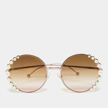 Pre Owned Fendi RoseGold/Pink Pearl Embellished FF0295S Round Sunglasses