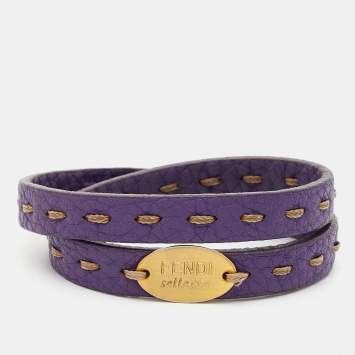 Pre Owned Fendi Purple Leather Selleria Gold Tone Double Wrap Bracelet