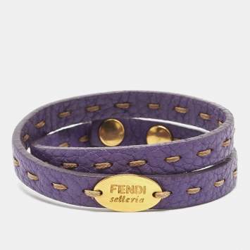 Pre Owned Fendi Selleria Purple Leather Gold Tone Double Wrap Bracelet