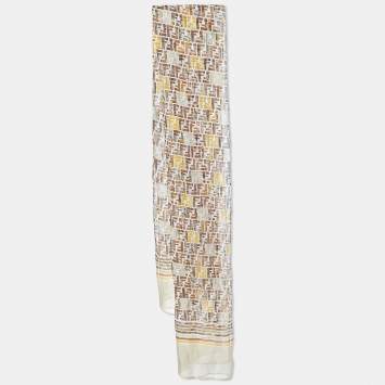 Pre Owned Fendi Cream Logo Monogram Printed Silk Scarf
