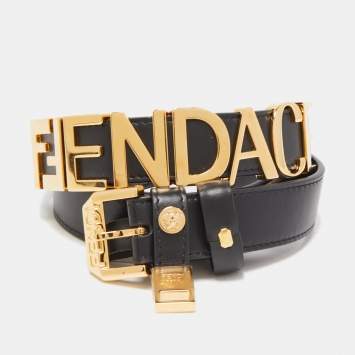 Pre Owned Fendi x Versace Black Leather Logo Letters Buckle Belt 105CM