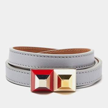 Pre Owned Fendi Grey Leather Slim Waist Belt 80CM