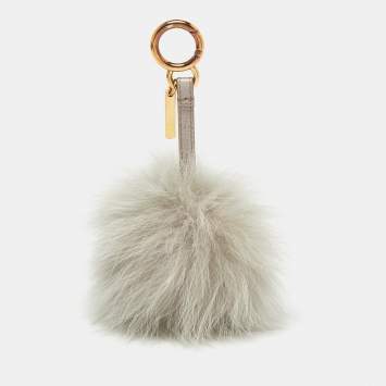 Pre Owned Fendi Grey Fox Fur Pom Pom Bag Charm