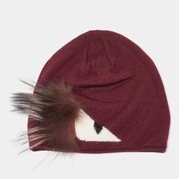 Pre Owned Fendi Burgundy Wool Monster Eye Fur Detail Beanie (One Size)