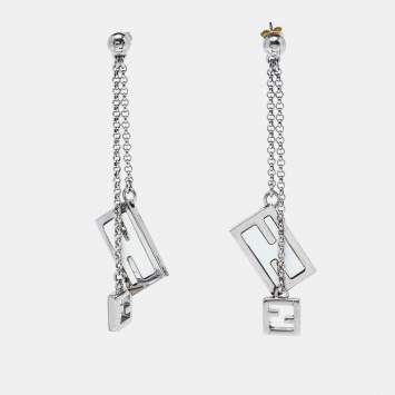 Pre Owned Fendi Silver Tone Chain Detail Logo Drop Earrings