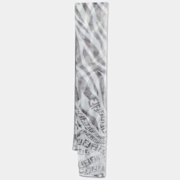 Pre Owned Fendi White/Grey Zucca Zebra Print Silk Chiffon Scarf