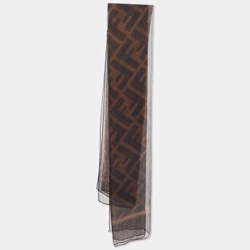 Pre Owned Fendi Brown Zucca Buckle Print Silk Chiffon Scarf