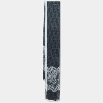 Pre Owned Fendi  Grey Zucca Lace Print Silk Chiffon Scarf
