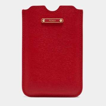 Pre Owned Fendi Red Leather Logo Phone Cover