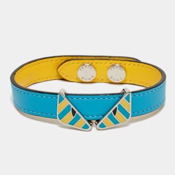 Pre Owned Fendi Monster Eye Enamel Leather Silver Tone Bracelet