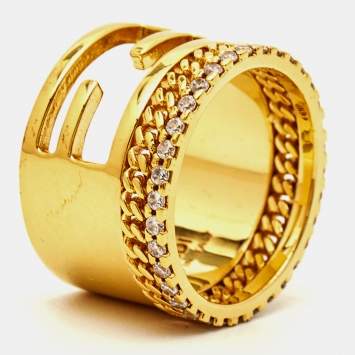 Pre Owned Fendi Baguette Crystal Gold Tone Ring Size 56