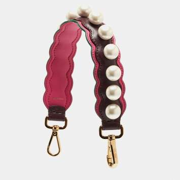 Pre Owned Fendi Burgundy/Pink Pearl Embellished Leather Mini Strap You Shoulder Bag Strap