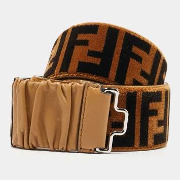 Pre Owned Fendi Brown/Black Zucca Velvet and Pleated Leather Waist Belt 85CM