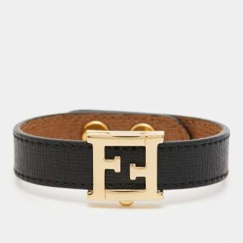 Pre Owned Fendi FF Logo Leather Gold Tone Bracelet