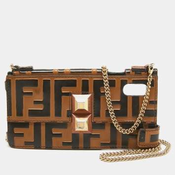 Pre Owned Fendi Brown/Black Zucca Leather iPhone X Case Chain Strap
